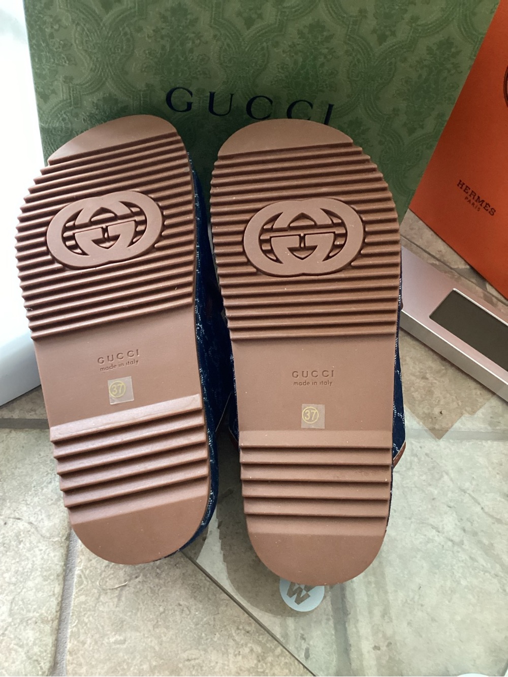 Gucci Denim GG Logo Platform Slides in Blue & Brown Leather - Picture 4 of 5